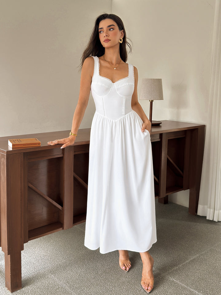 Backless Lace Trim Ruched Solid Maxi Dress