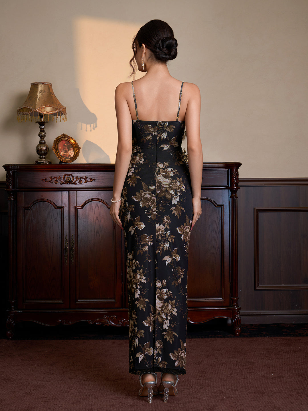Lace Corset Trim Floral Print Mesh Dress