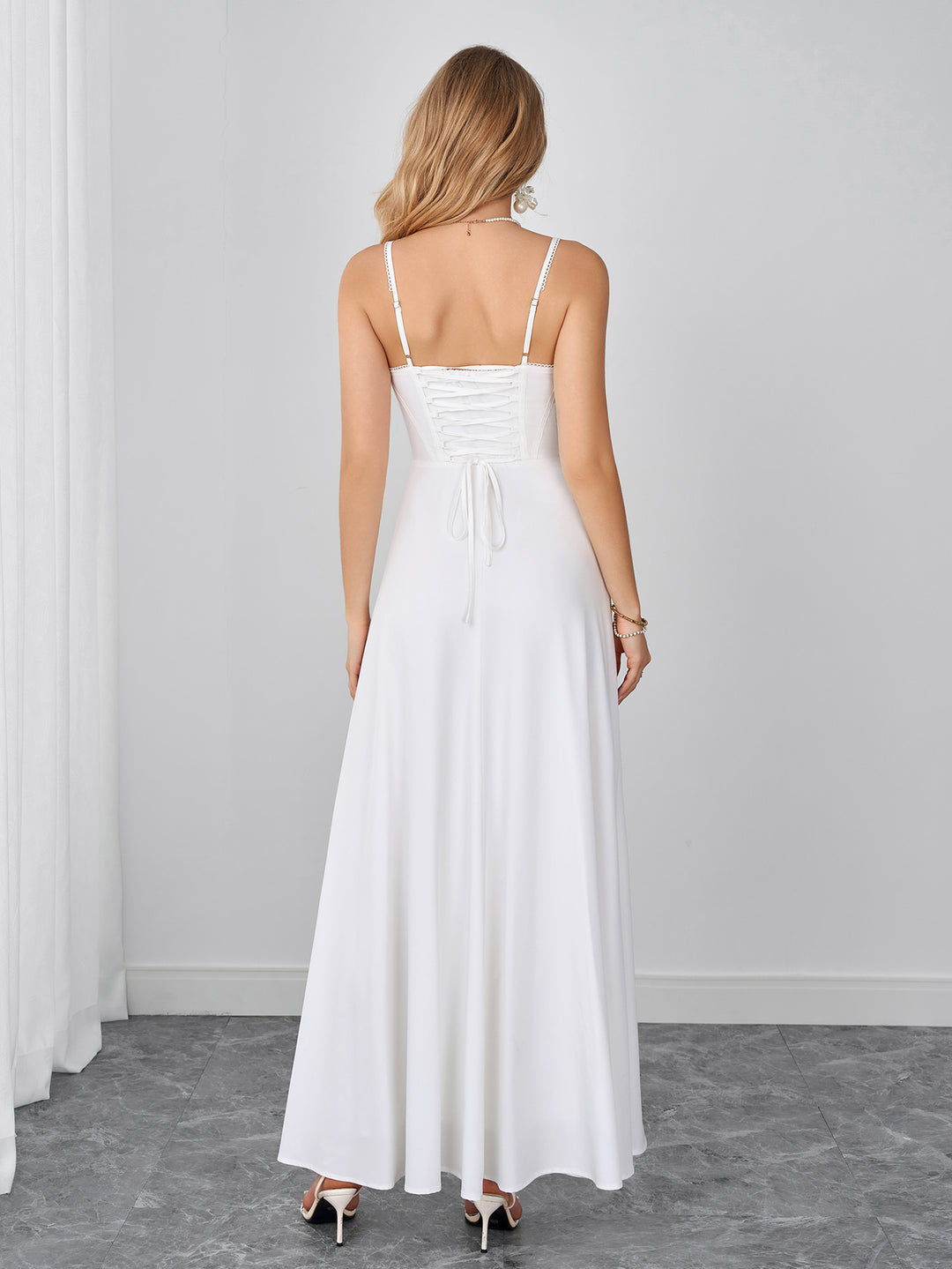 Lace Trim Corset Crisscross Back Cami Dress