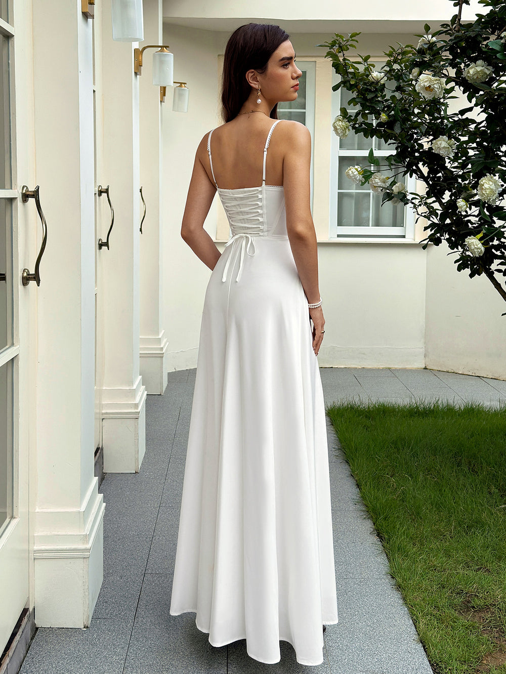 Lace Trim Corset Crisscross Back Cami Dress#color_white