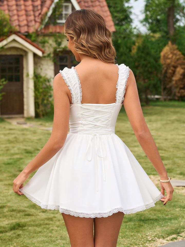 Lace Crisscross Trim Back Ruched Mini Dress#color_white