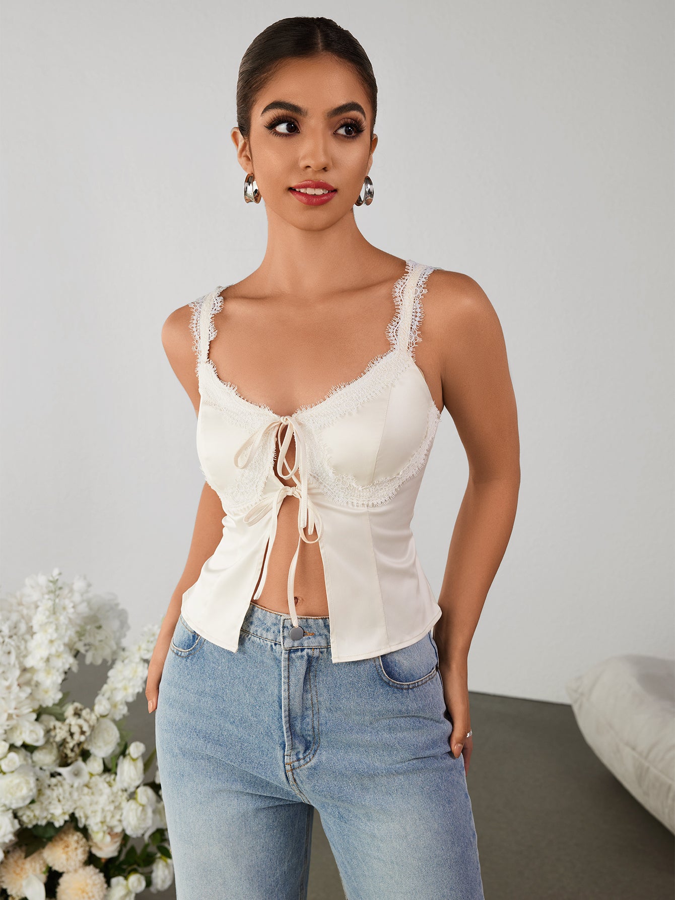 Lace Trim Cut Out Tie Front Slit Hem Top – Parthea Fashion