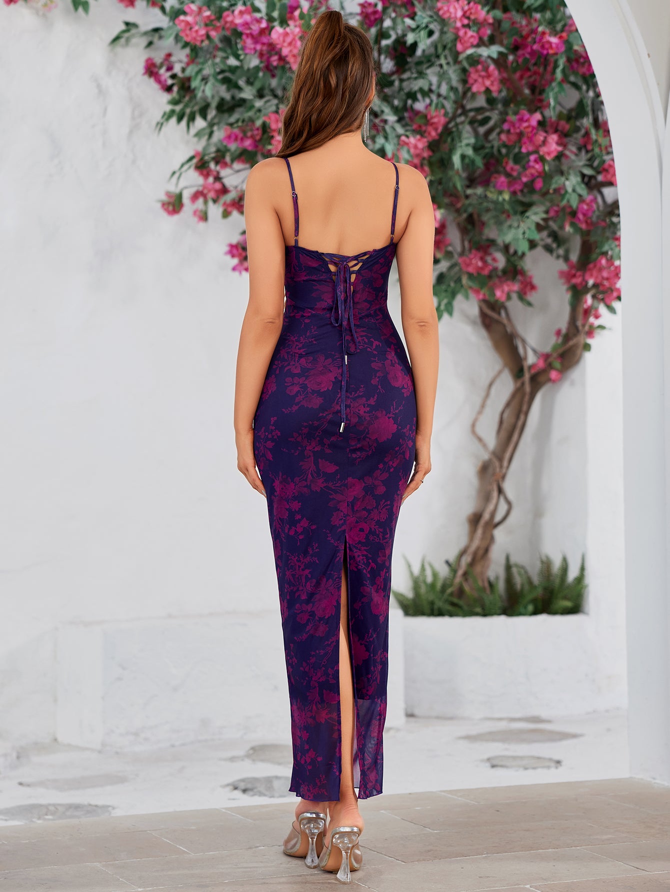 floral lace trim tie back bodycon dress#color_purple