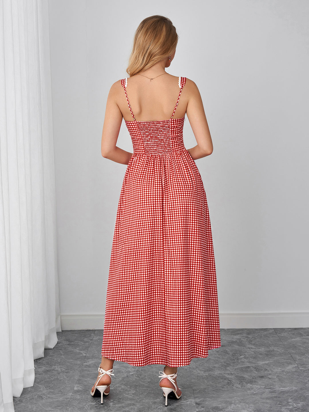 Lace Trim Plaid Print Pocket Maxi Dress