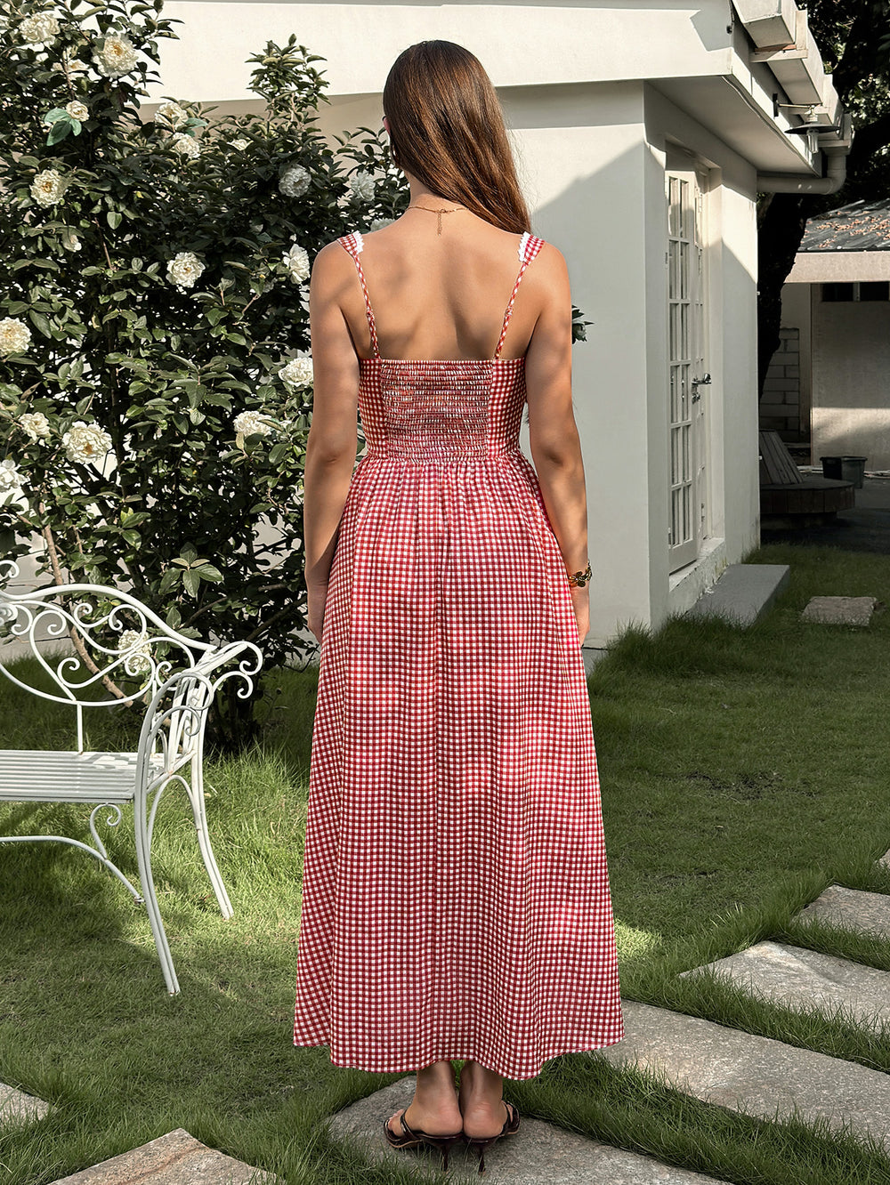 Lace Trim Plaid Print Pocket Maxi Dress#color_redgrid