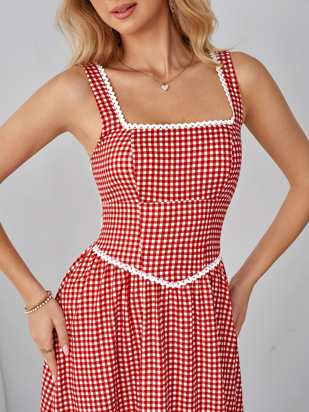 Plaid Print Pocket Lace Trim Maxi Dress