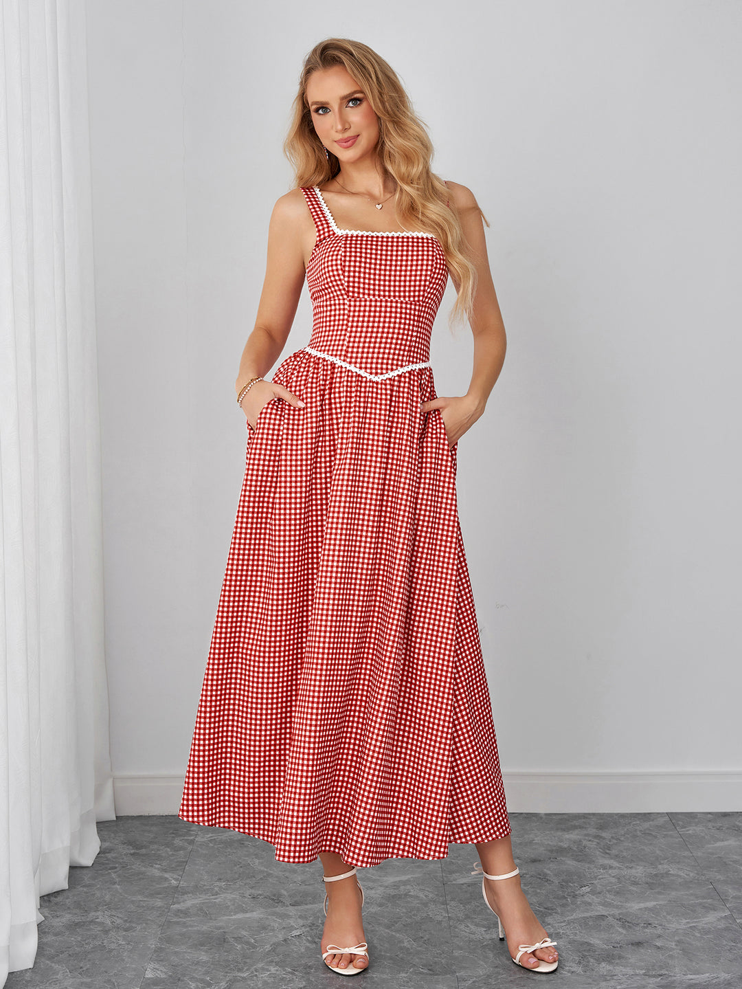 Plaid Print Lace Trim Pocket Maxi Dress