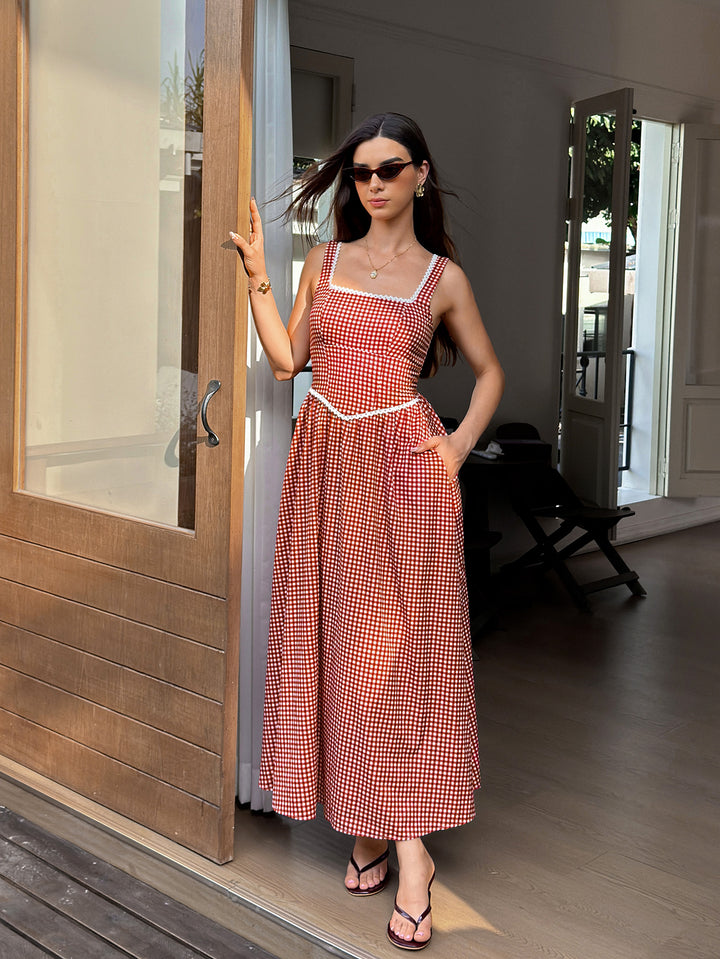 Plaid Print Lace Trim Pocket Maxi Dress