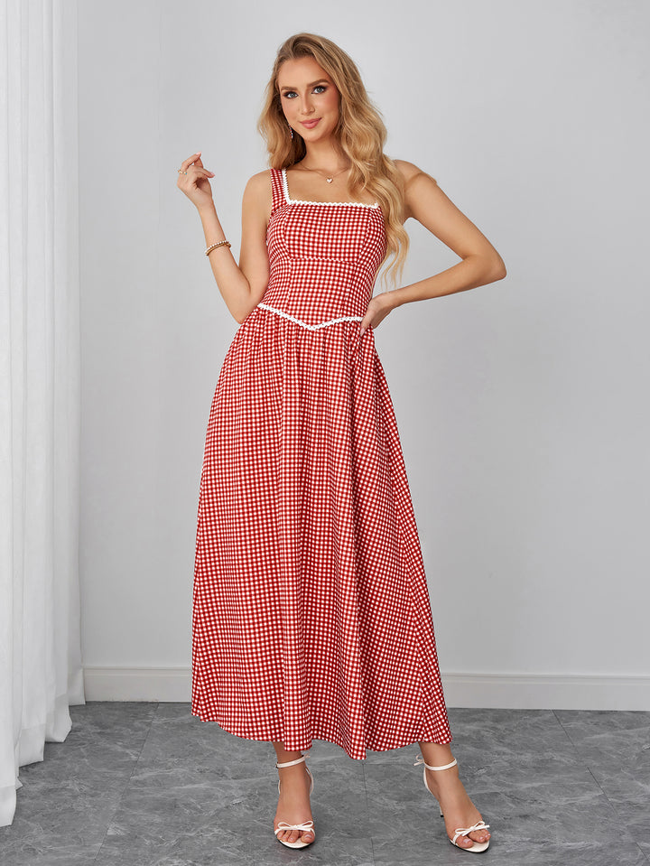 Lace Trim Pocket Plaid Print Maxi Dress
