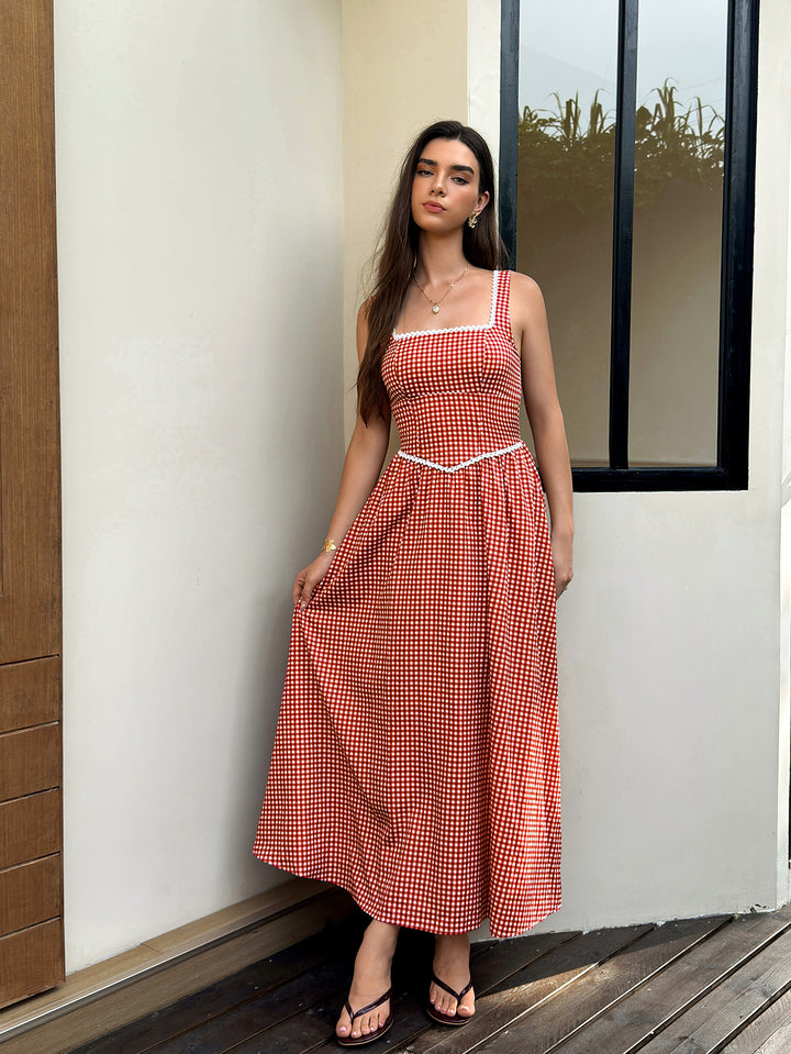 Lace Trim Pocket Plaid Print Maxi Dress