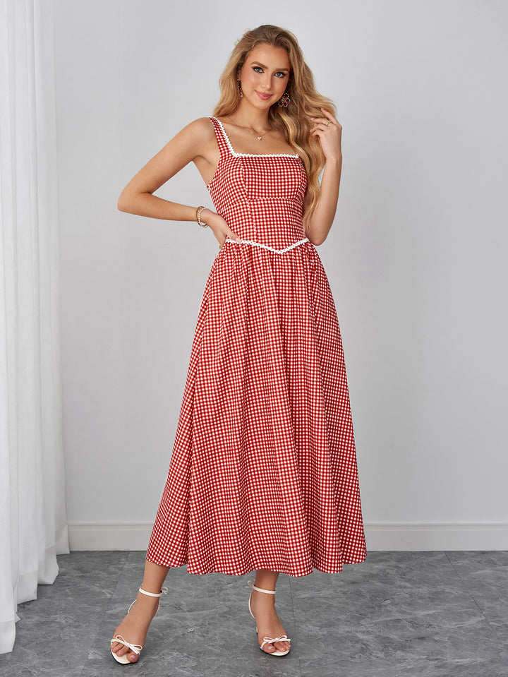 Pocket Plaid Print Lace Trim Maxi Dress