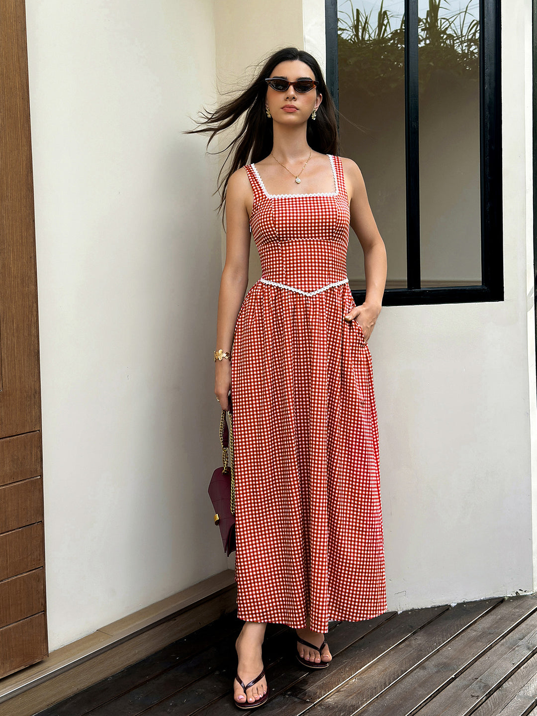 Pocket Plaid Print Lace Trim Maxi Dress