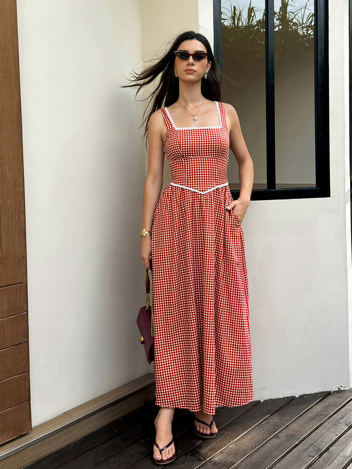 Pocket Plaid Print Lace Trim Maxi Dress