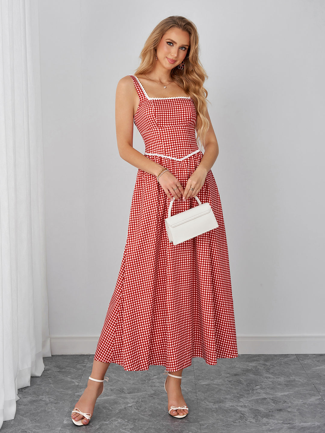 Pocket Lace Trim Plaid Print Maxi Dress