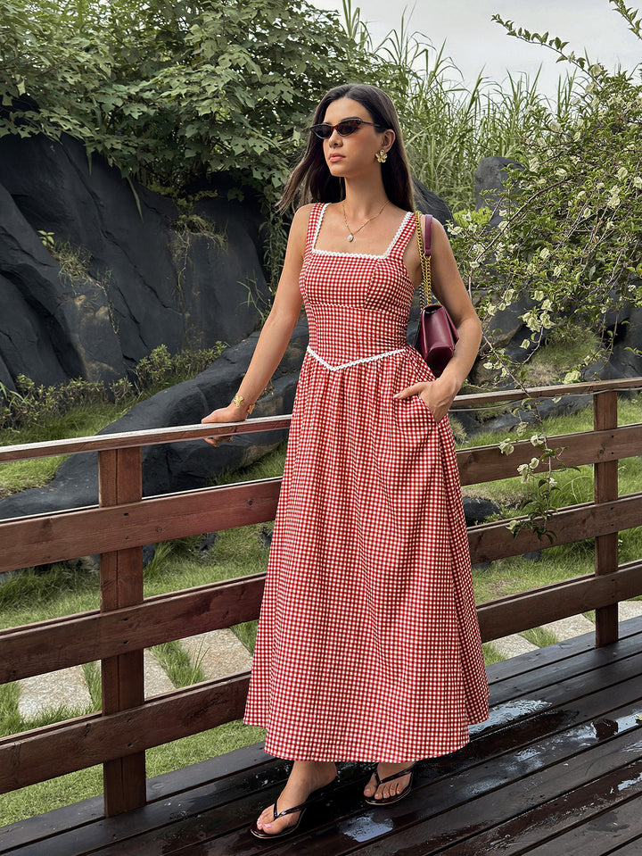 Pocket Lace Trim Plaid Print Maxi Dress