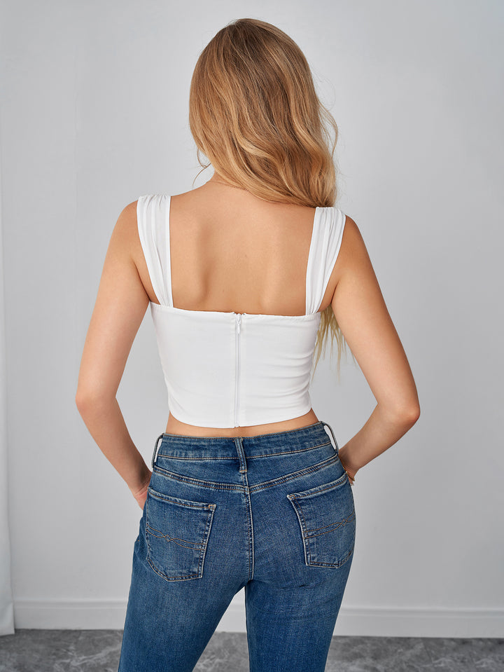 Lace Trim Tie Front Ruched Bust Crop Top