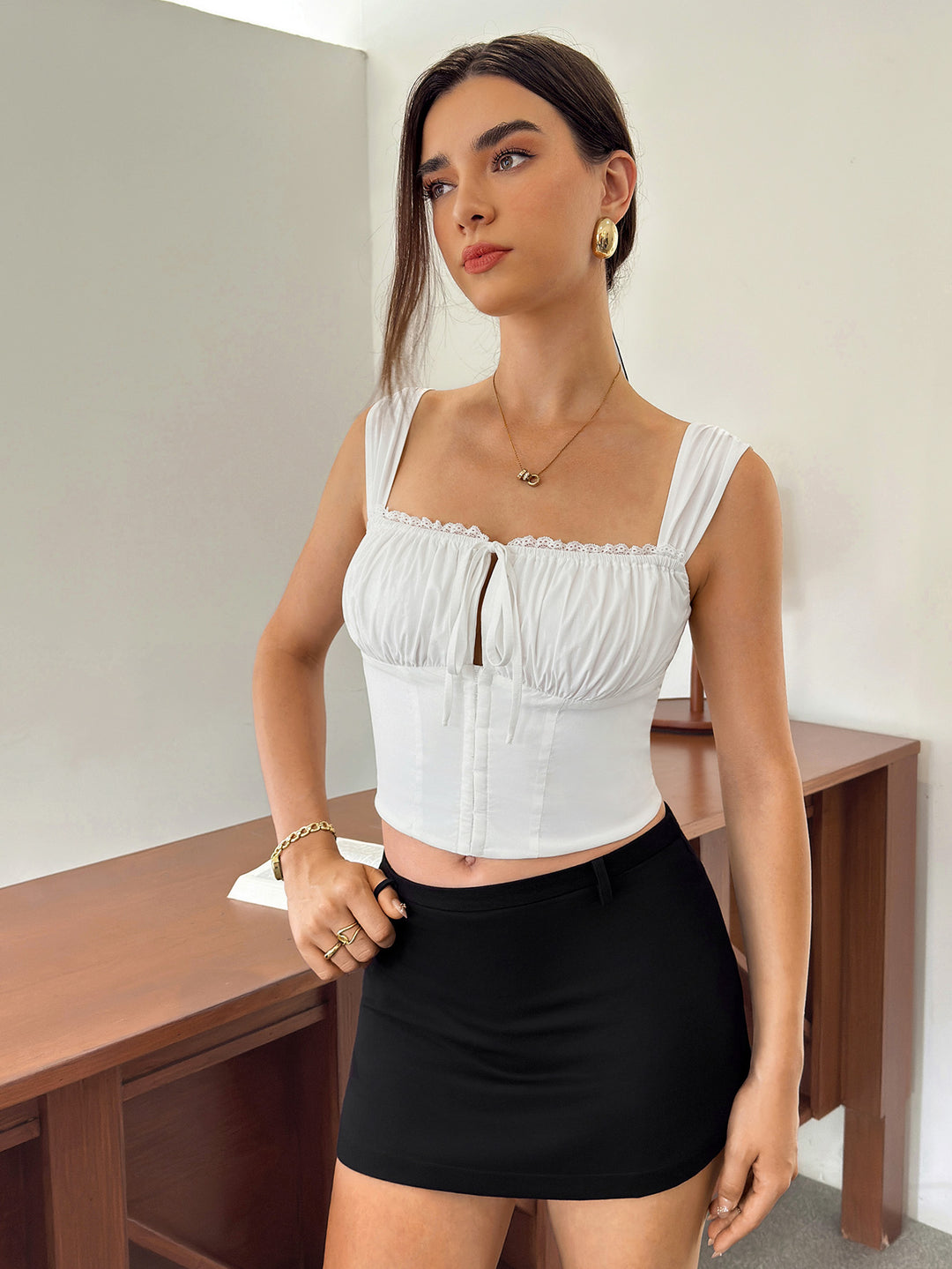 Lace Trim Ruched Bust Tie Front Crop Top#color_white