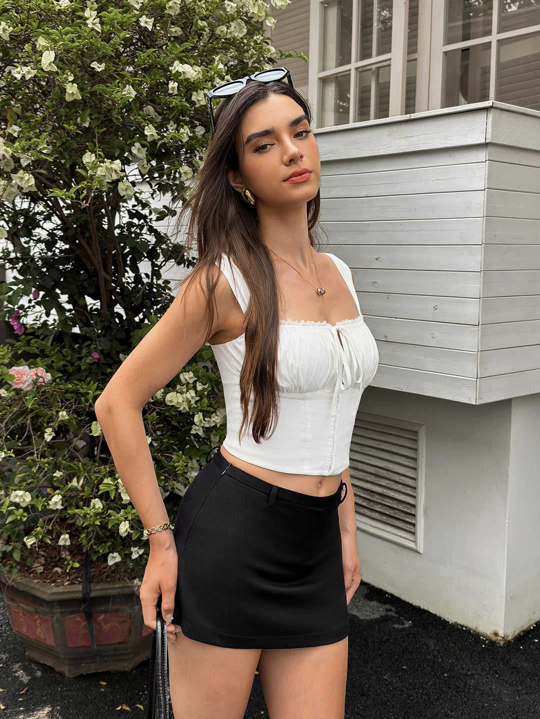 Ruched Bust Lace Trim Tie Front Crop Top