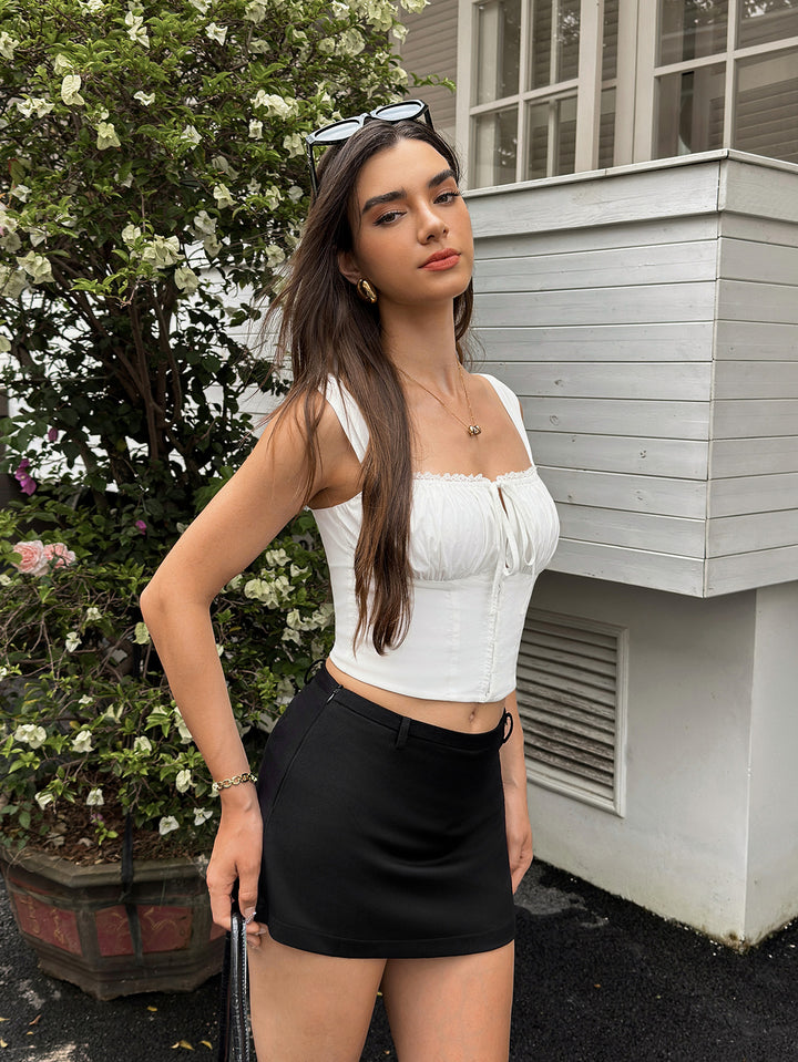 Ruched Bust Lace Trim Tie Front Crop Top