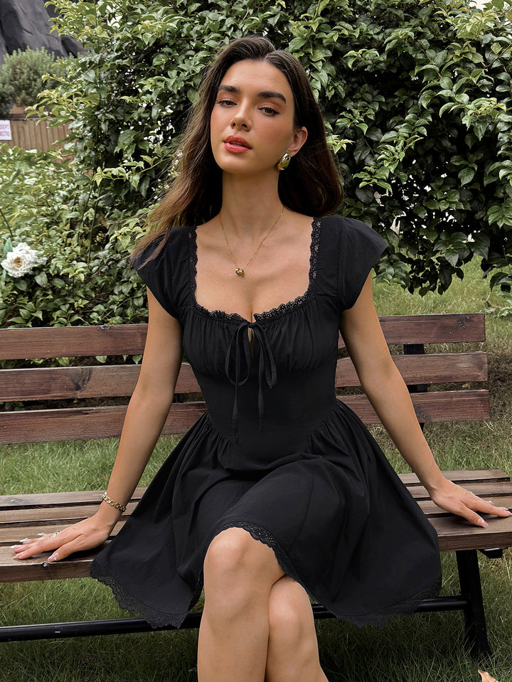 Tie Front Lace Trim Ruched Bust Mini Dress