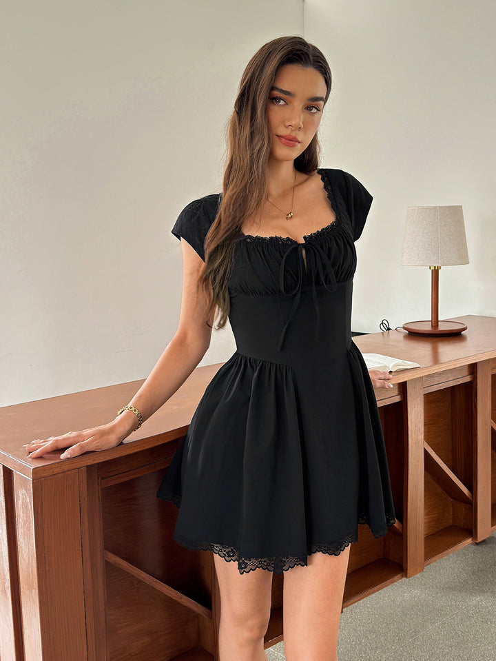 Lace Trim Ruched Bust Tie Front Mini Dress