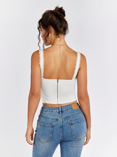 ruched bust lace trim tie front tank top#color_white