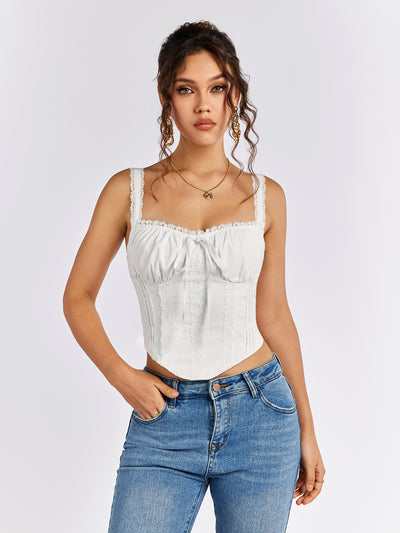 lace trim ruched bust tie front tank top#color_white