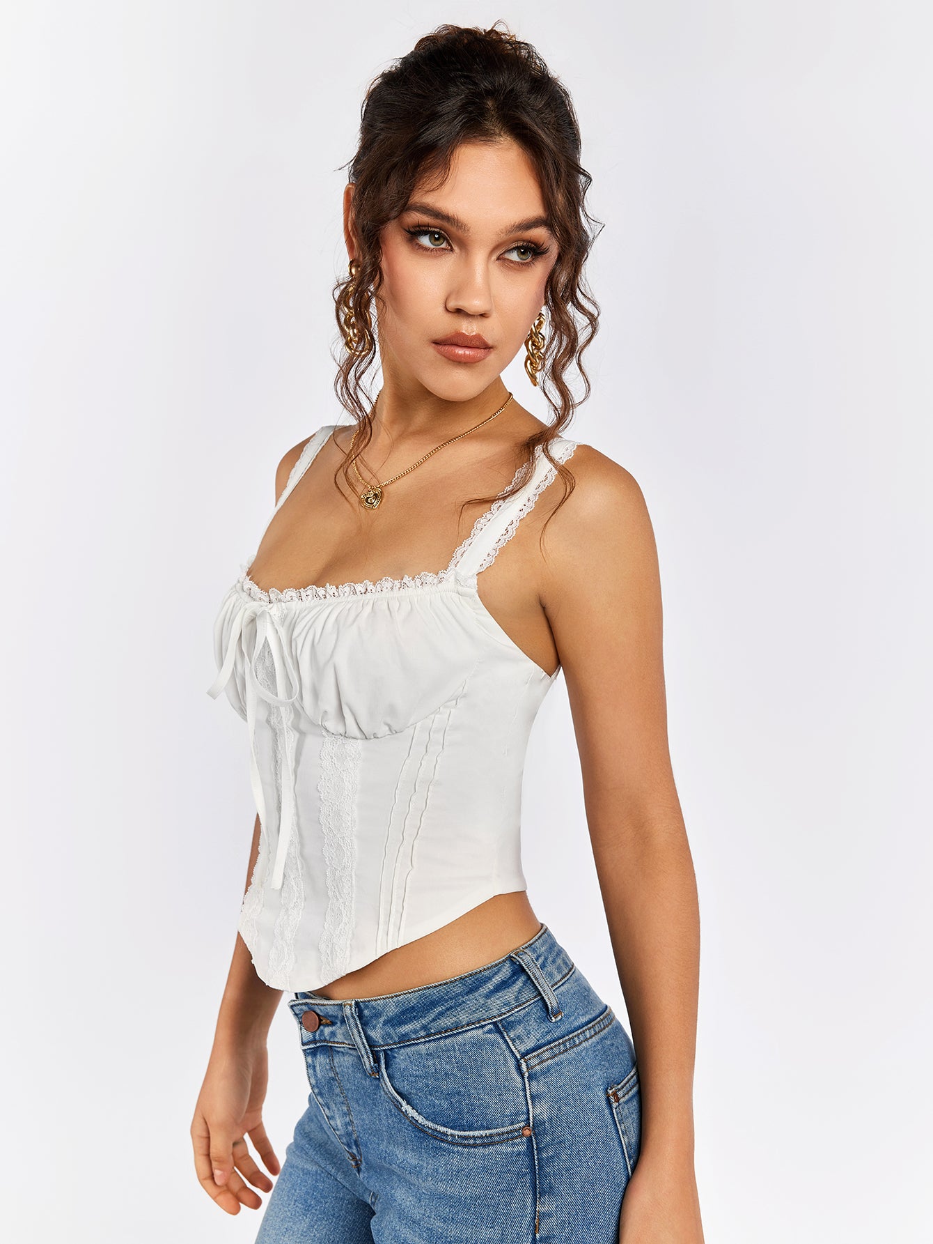 lace trim tie front ruched bust tank top#color_white