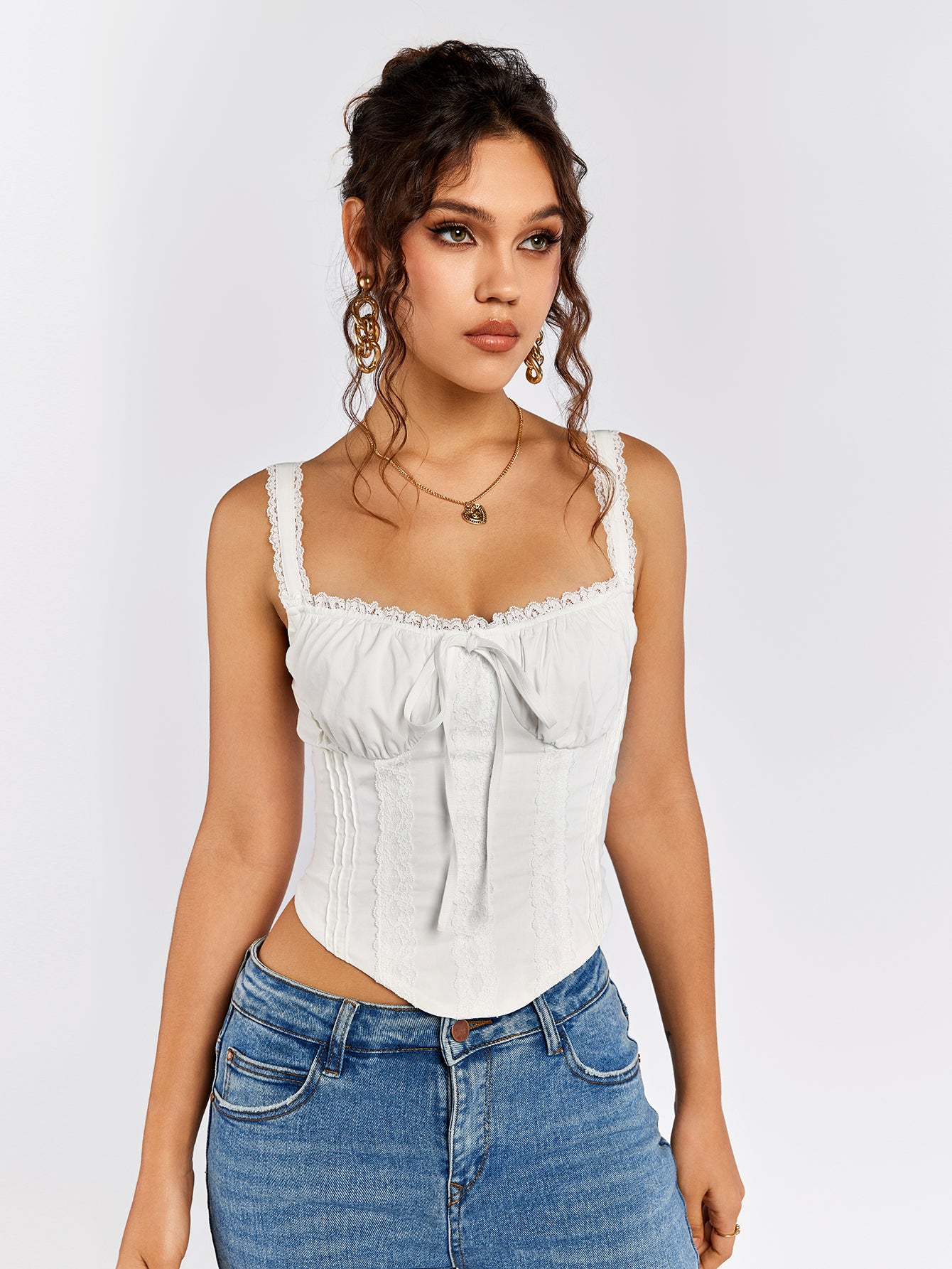 tie front lace trim ruched bust tank top#color_white