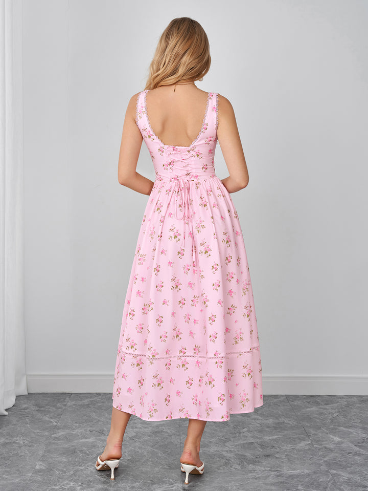 Lace Trim Crisscross Back Ruched Floral Print Dress