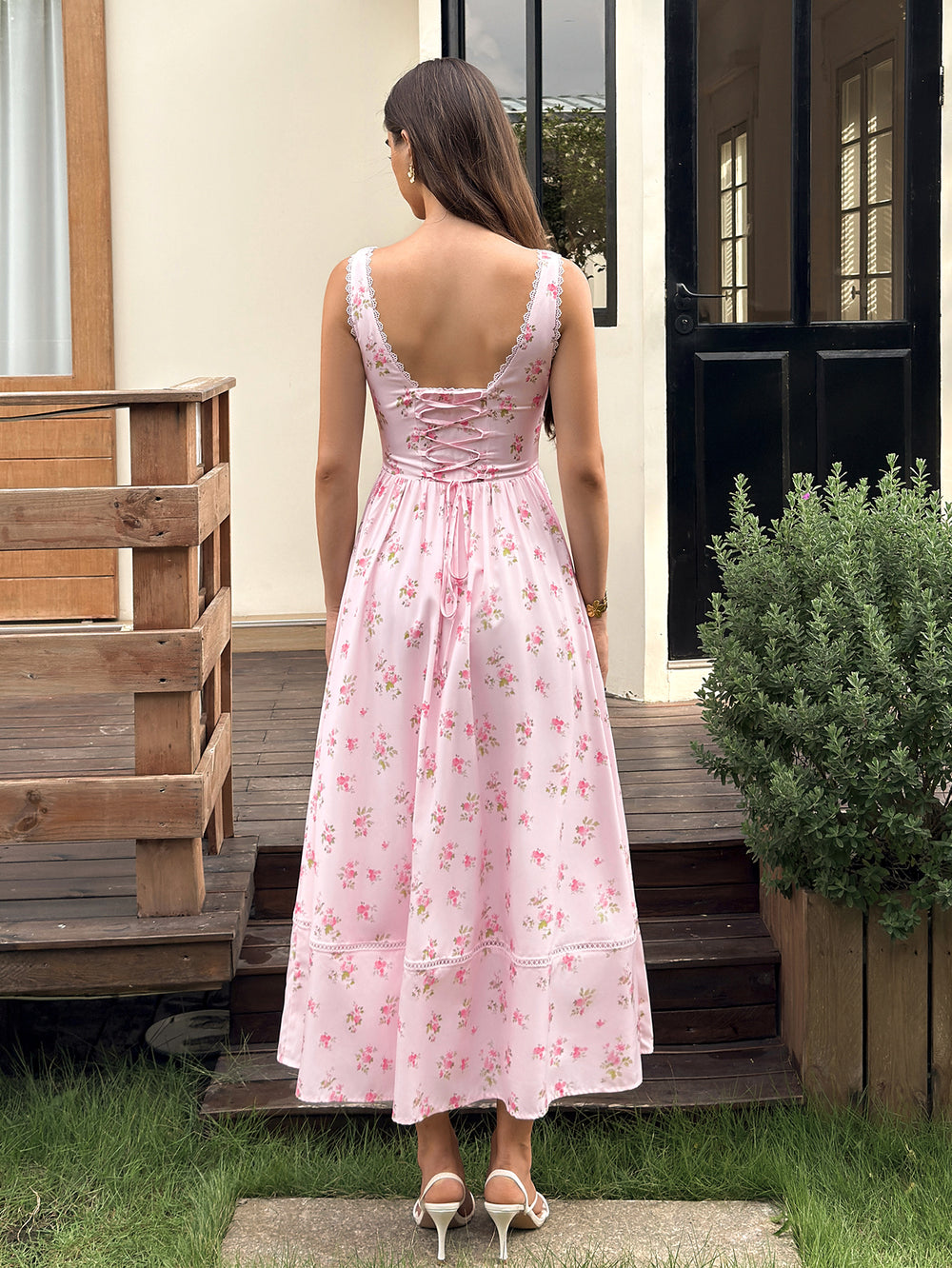 Lace Trim Crisscross Back Ruched Floral Print Dress#color_pinkfloral