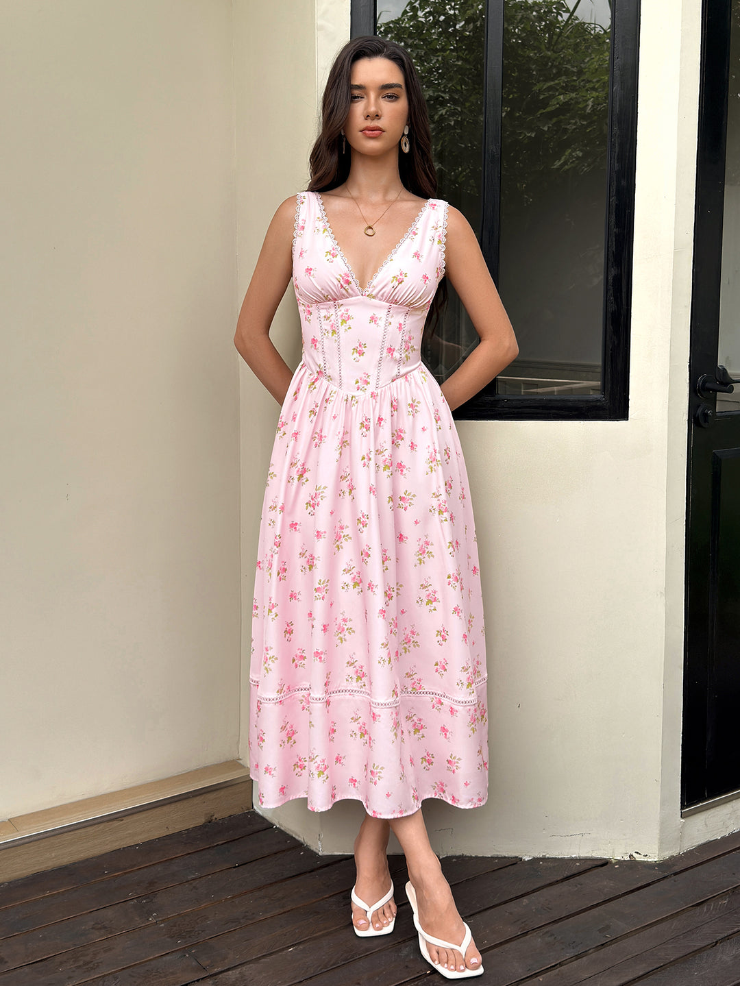 Crisscross Back Ruched Lace Trim Floral Print Dress