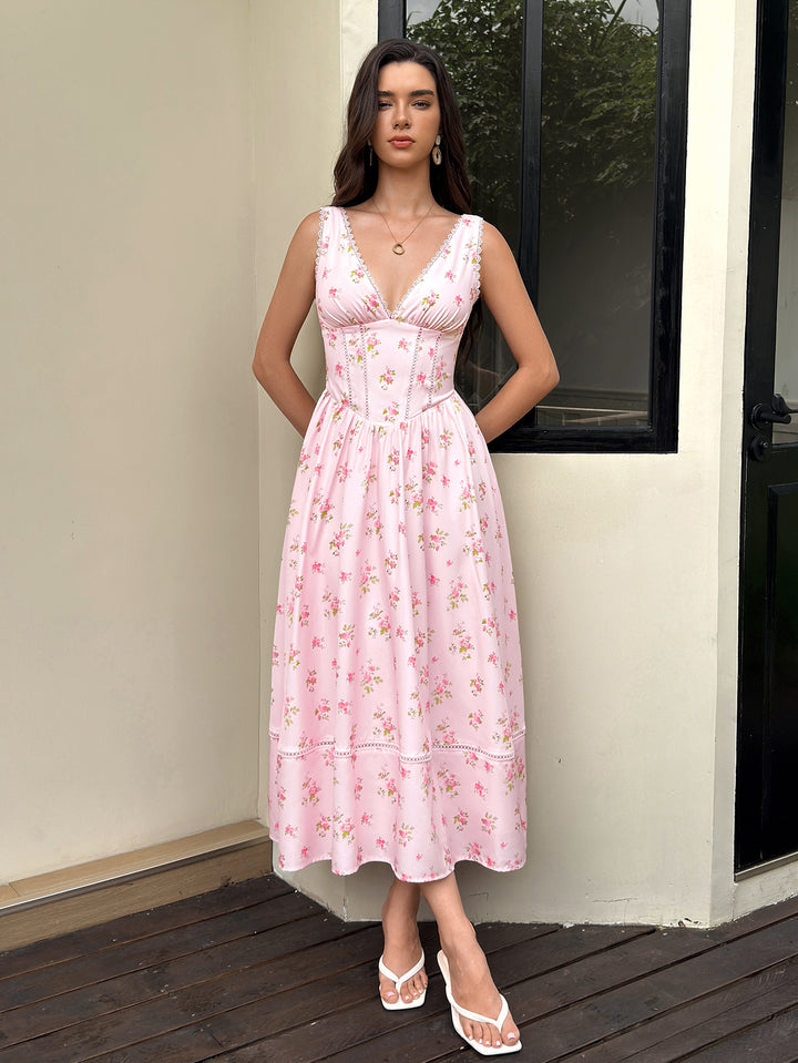 Crisscross Back Ruched Lace Trim Floral Print Dress