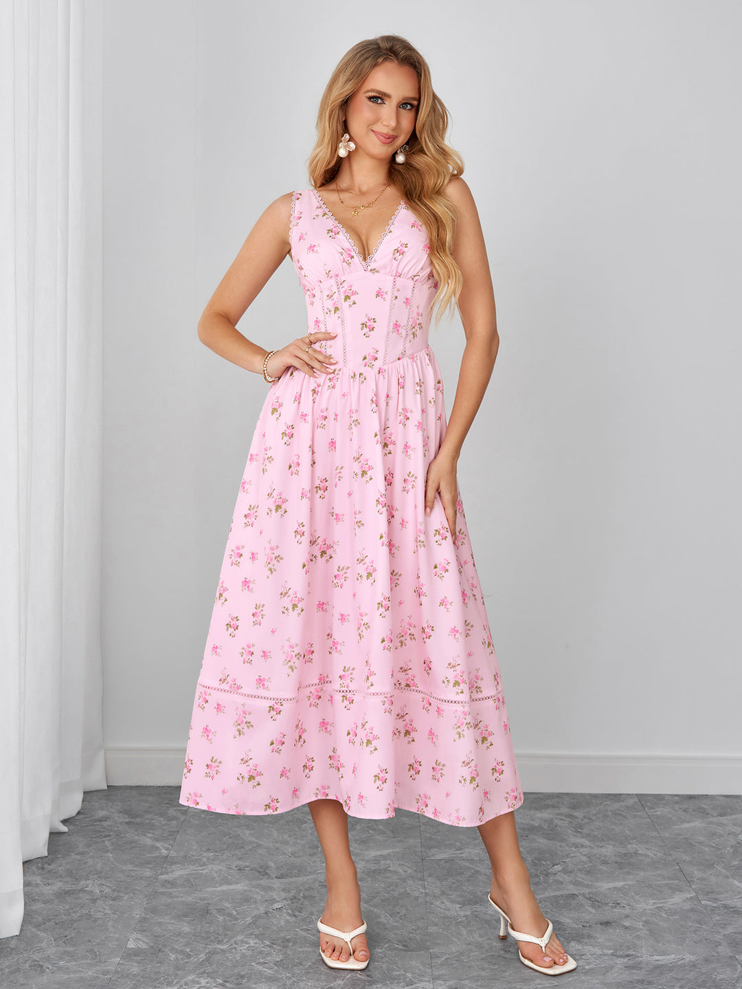 Crisscross Back Ruched Lace Trim Floral Print Dress