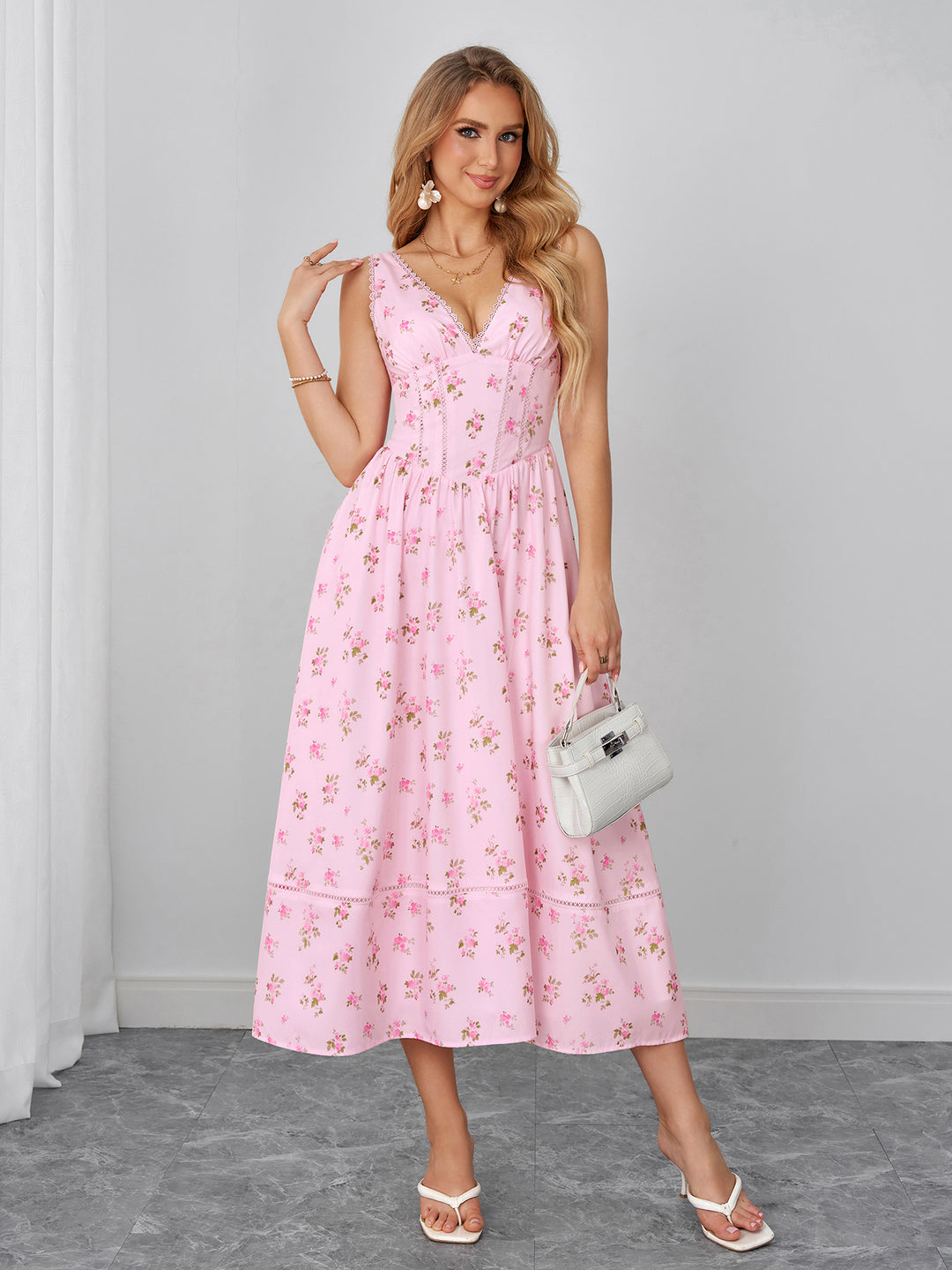 Lace Trim Ruched Crisscross Back Floral Print Dress