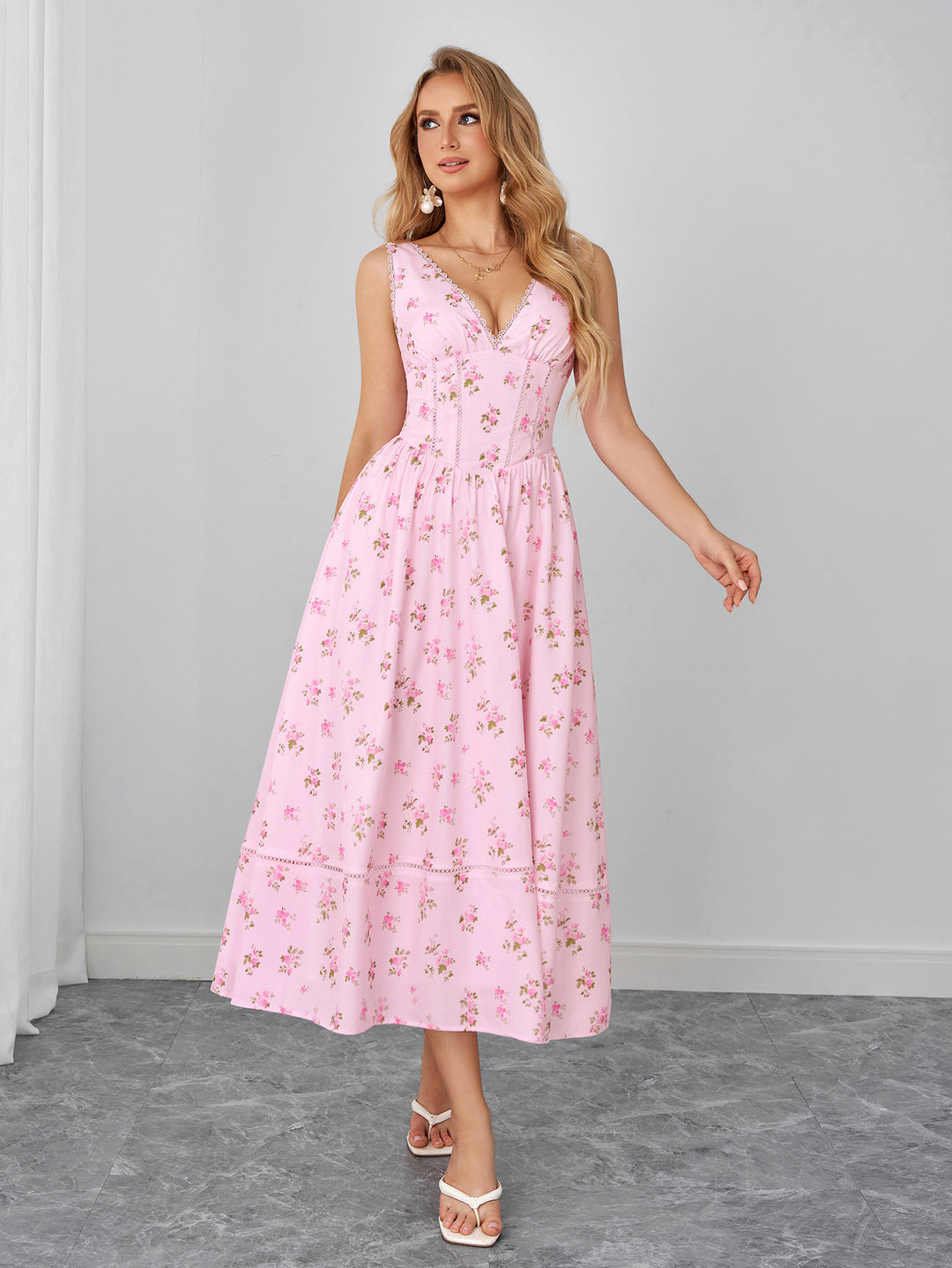 Ruched Crisscross Back Lace Trim Floral Print Dress
