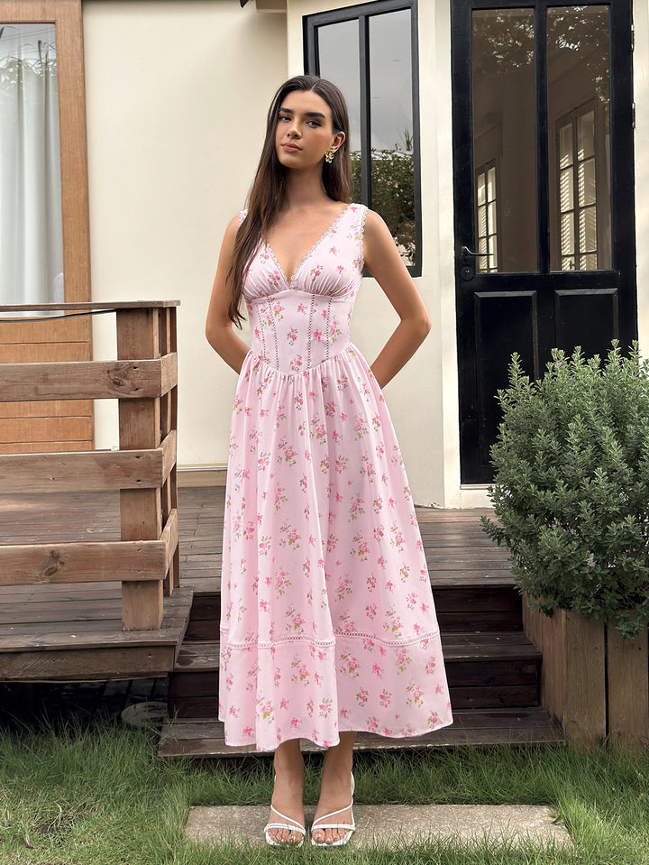 Ruched Crisscross Back Lace Trim Floral Print Dress