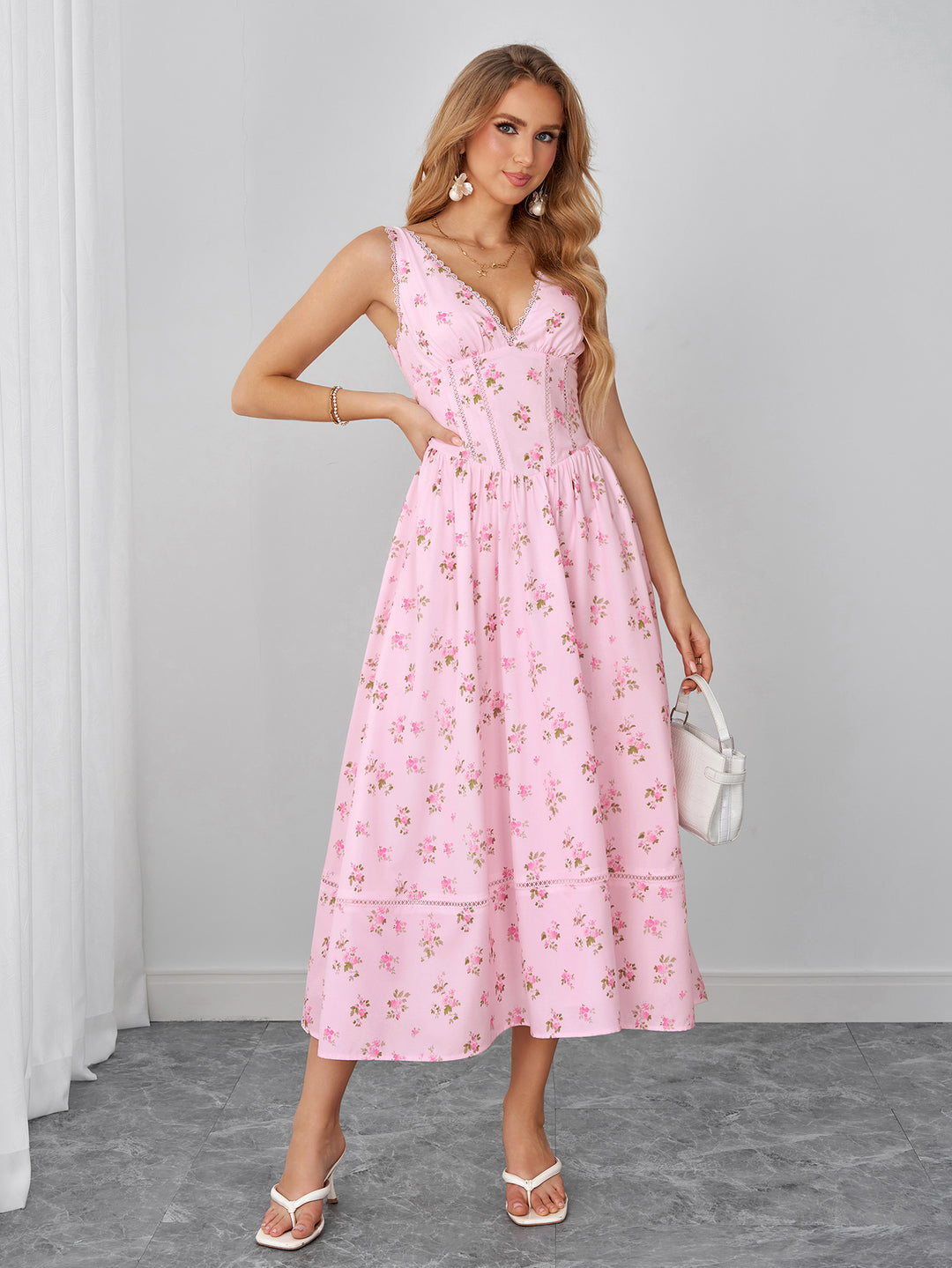 Ruched Crisscross Back Lace Trim Floral Print Dress
