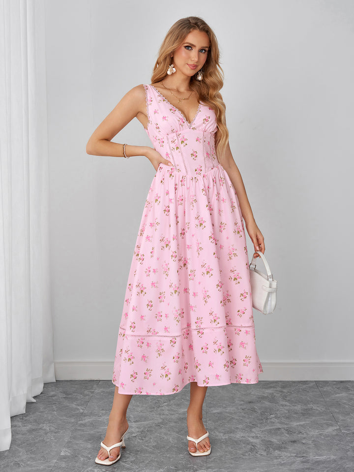 Ruched Crisscross Back Lace Trim Floral Print Dress