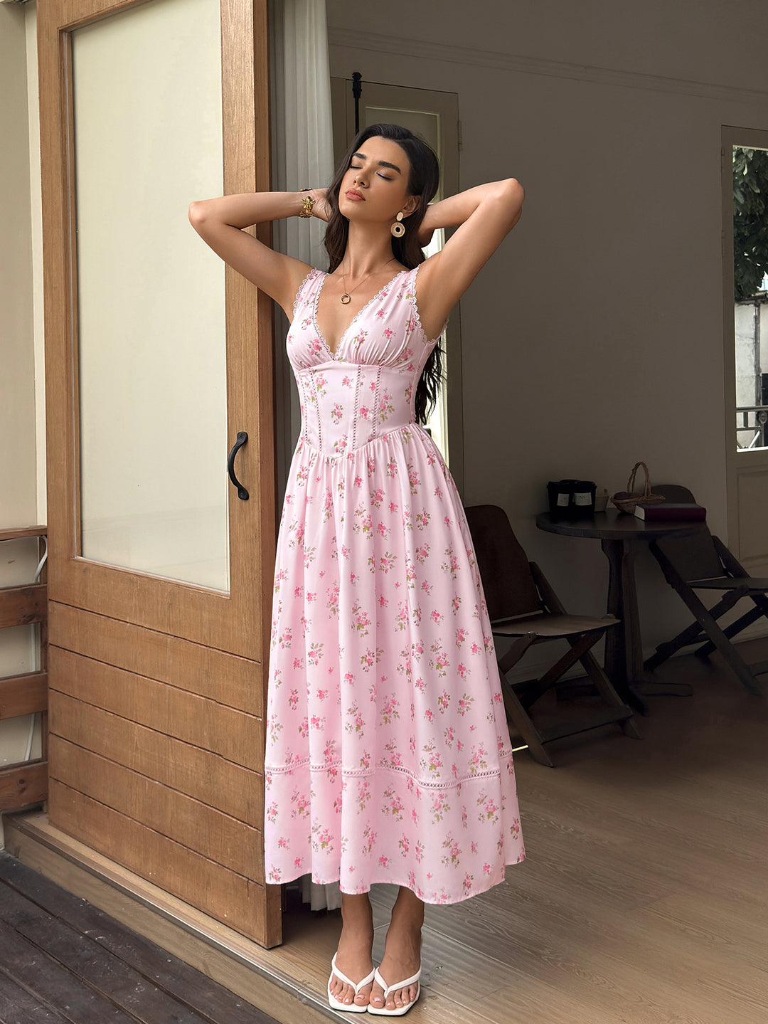 Ruched Lace Trim Crisscross Back Floral Print Dress