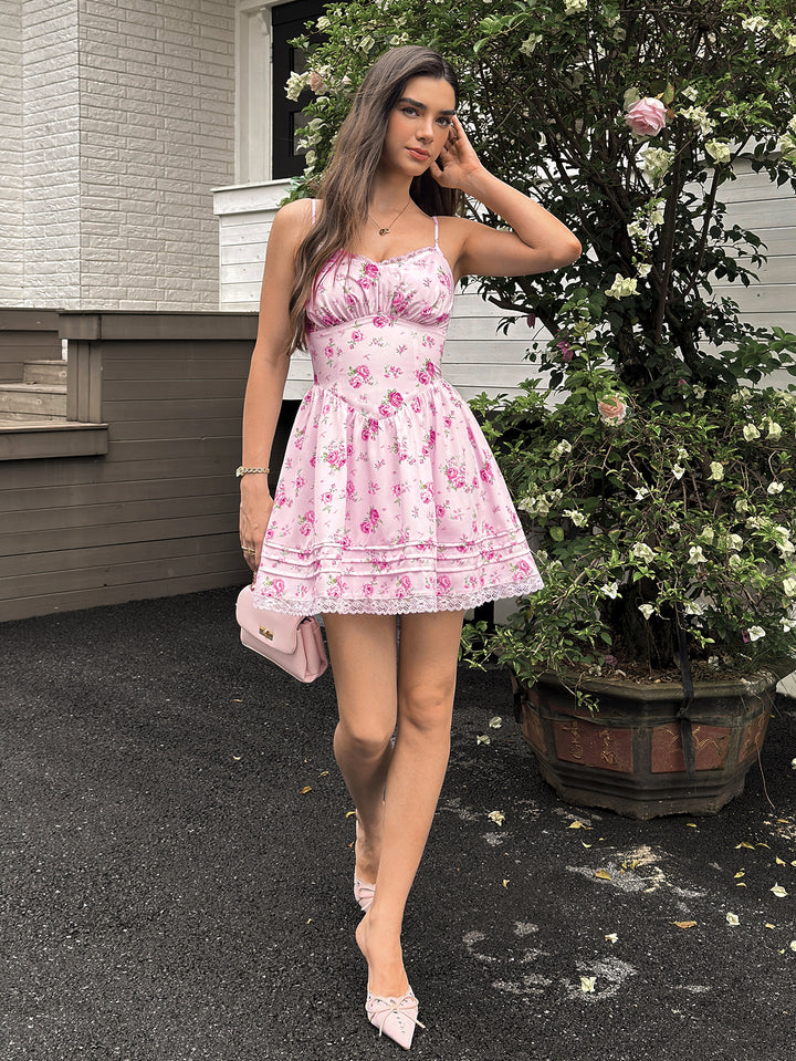 Crisscross Back Ruched Lace Trim Floral Print Mini Dress