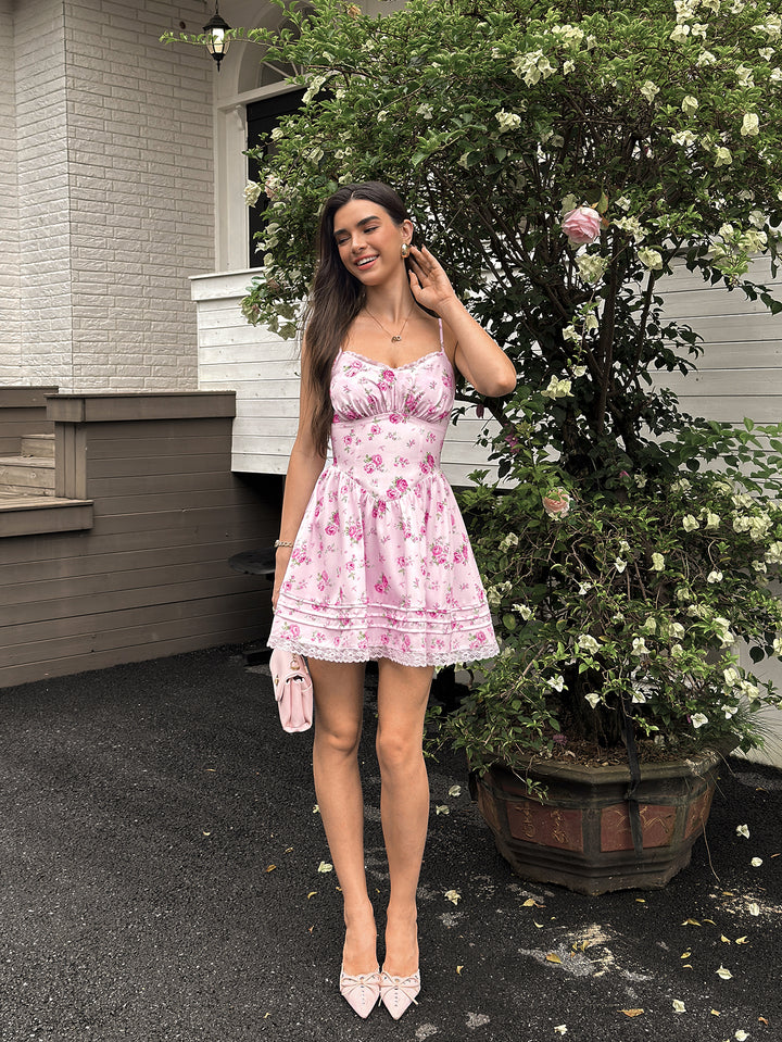 Crisscross Back Lace Trim Ruched Floral Print Mini Dress