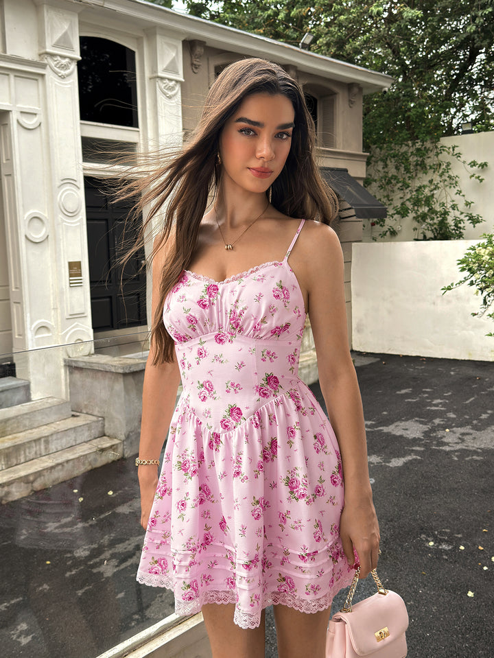 Ruched Crisscross Back Lace Trim Floral Print Mini Dress