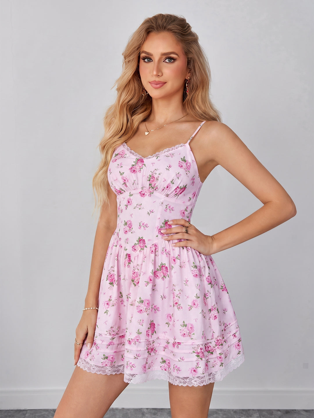 Ruched Lace Trim Crisscross Back Floral Print Mini Dress