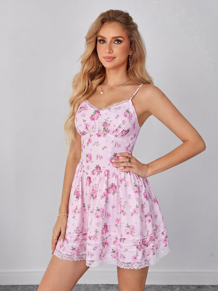 Ruched Lace Trim Crisscross Back Floral Print Mini Dress