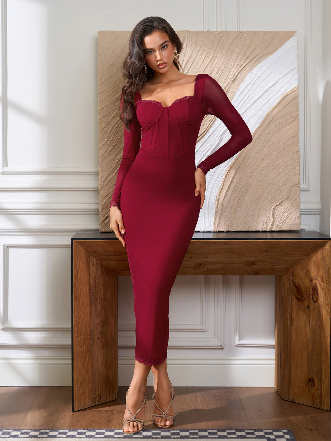 Split Back Zipper Lace Trim Mesh Dress#color_wine