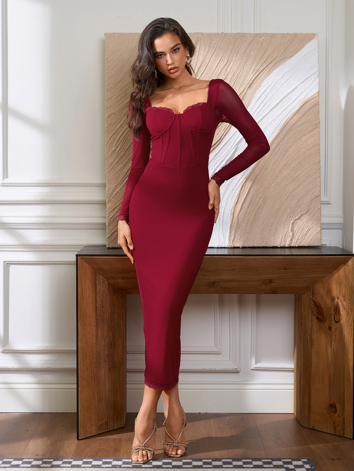 Split Back Zipper Lace Trim Mesh Dress#color_wine