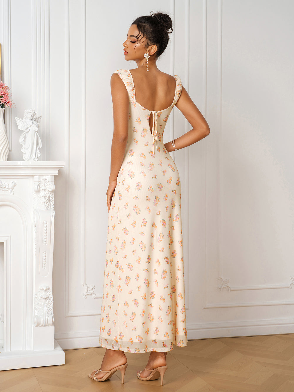 Lace Trim Ruched Bust Tie Back Floral Print Dress#color_beigefloral
