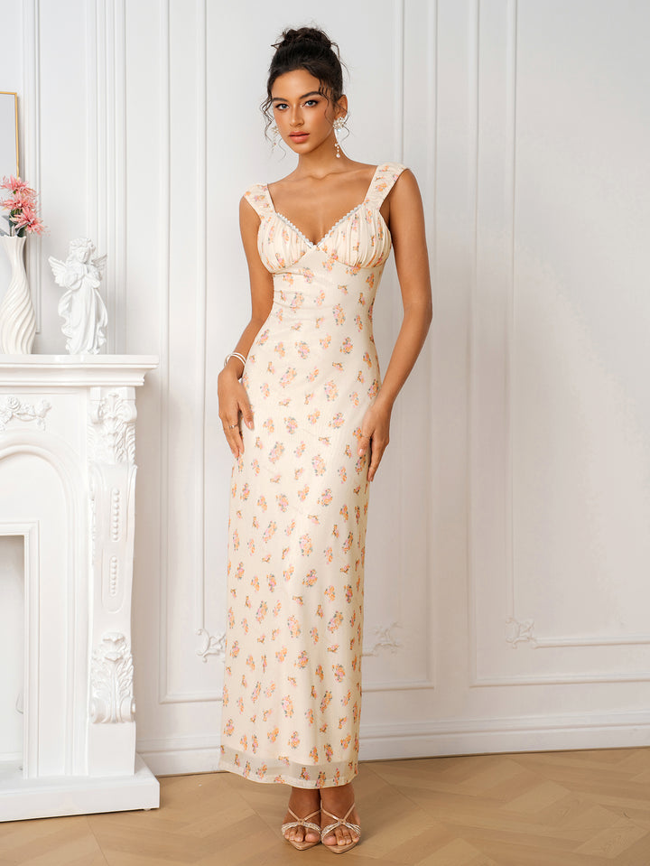 Lace Trim Tie Back Ruched Bust Floral Print Dress