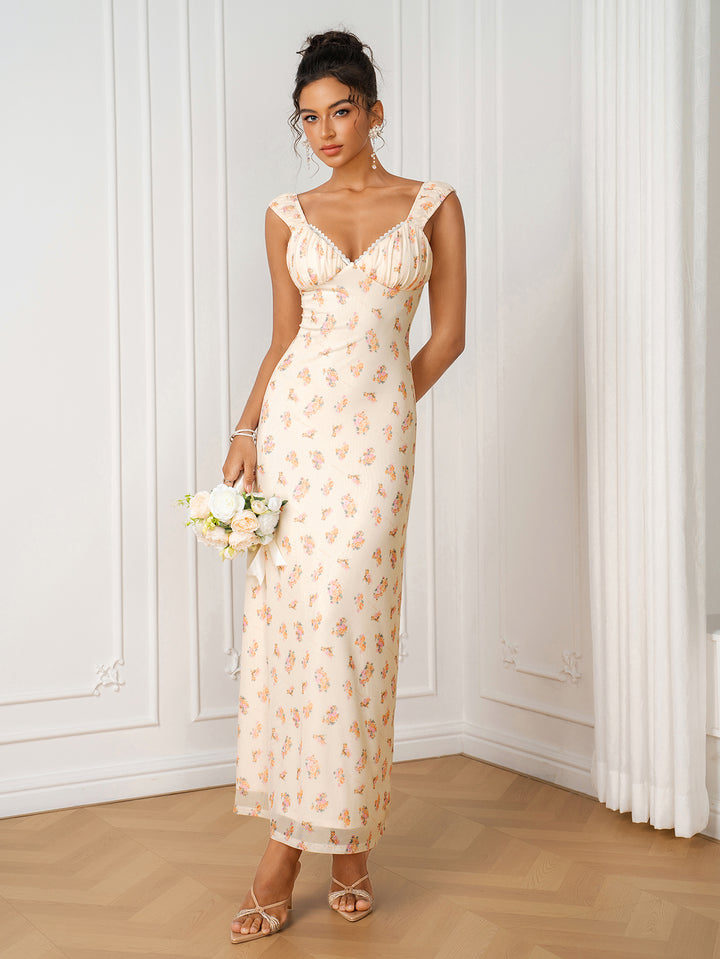 Tie Back Ruched Bust Lace Trim Floral Print Dress